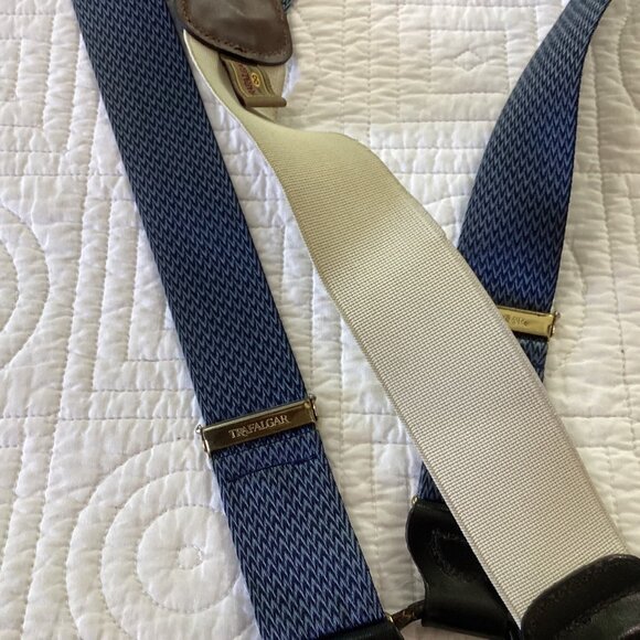 Trafalgar Mens Blue & White Elastic Suspenders With Leather Accents Adjustable L - Picture 5 of 9